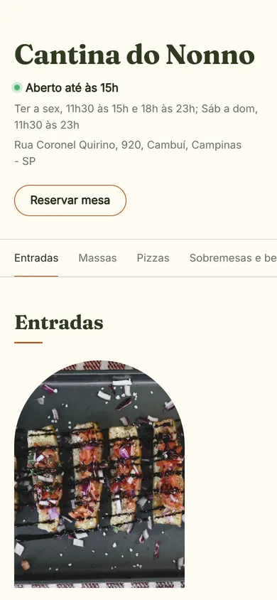 Exemplo de cardápio digital no celular, com pratos, fotos e preços