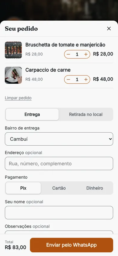 Exemplo de carrinho com dois pratos, entrega e forma de pagamento